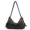 Womens Hobo Studded Rivet Tote Messenger Handbag Shoulder Bag Black