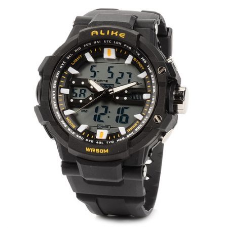 ALIKE 50m Water Resistant 2-Time Display Digital Quartz Wrist Watch Black