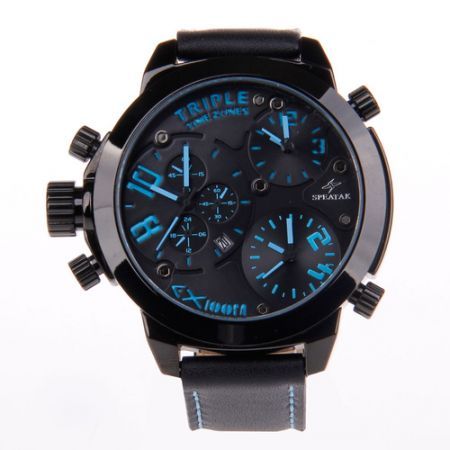 SPEATAK 60145G-6 Men's 3-Quartz Movement Genuine Leather Band Watch - Black + Blue