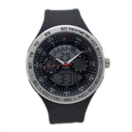 HY-5 Men's Quartz Digital Dual Display Wrist Watch - Black + Silver + Red