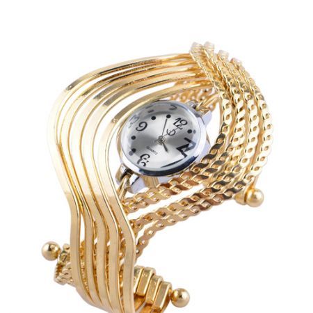 Women's Bangle Bracelet Quartz Wrist Watch w/ Mulriple Heliciform Loops Golden