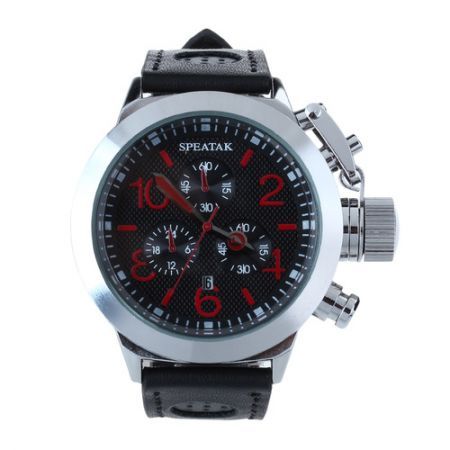 SPEATAK 60114G Men's Fashion Stainless Steel PU Leather Wrist Watch - Black + Silver + Red