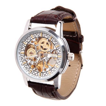 CJIABA GK1015 Auto-Mechanical Cow Leather Strap Analog Men's Wrist Watch - Brwon + Silver