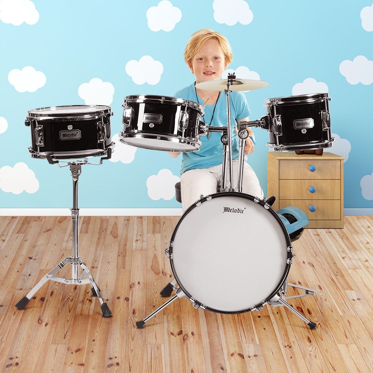 4 Piece Junior Drum Set with Cymbals-Black