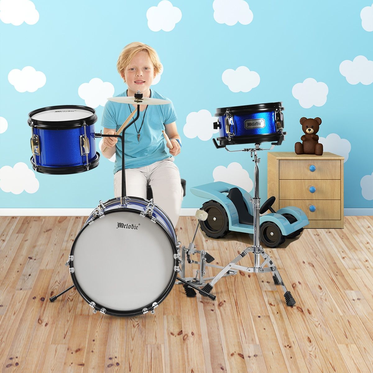 3 Piece Junior Drum Set with Cymbals-Blue