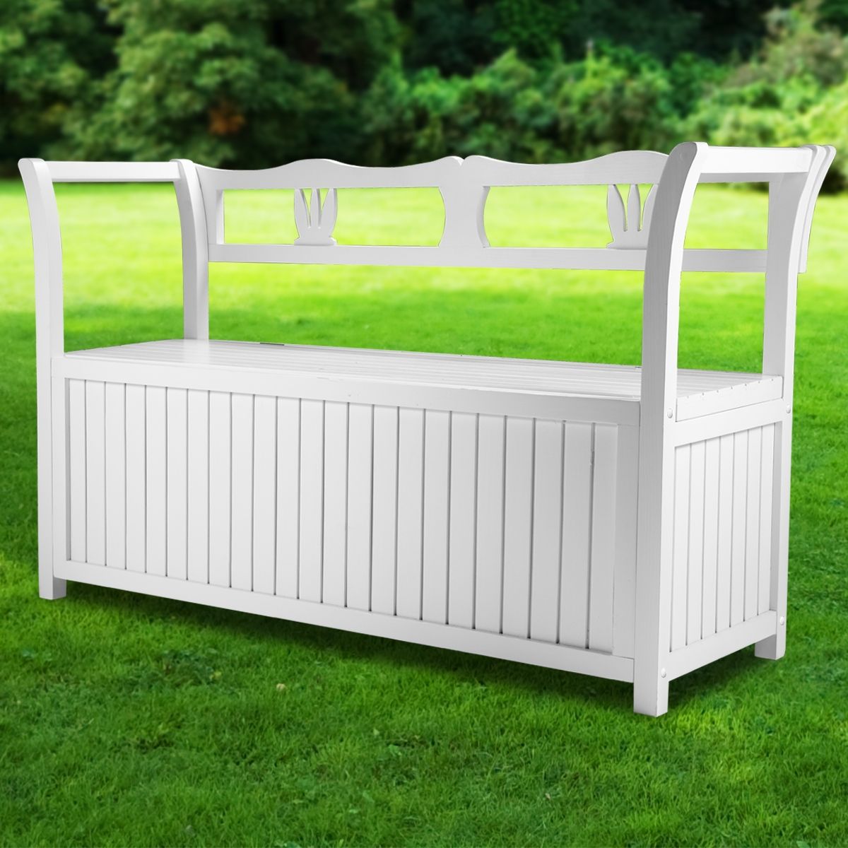 White Wooden Outdoor Garden Storage Bench