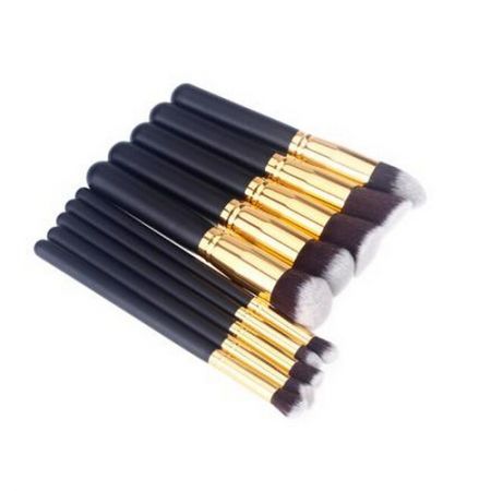 Wood 10Pcs Makeup Brush Kit Professional Cosmetic Set Black&Golden