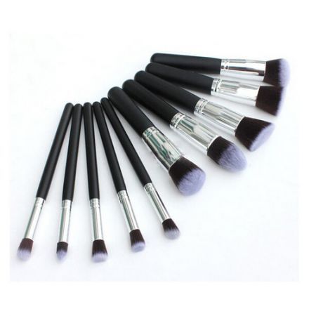 Wood 10Pcs Makeup Brush Kit Professional Cosmetic Set Black&Silver