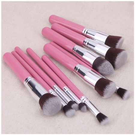 LUD 10Pcs Wood Makeup Brush Kit Professional Cosmetic Set Silver Ferrule Pink