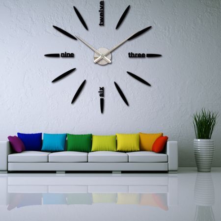 DIY Wall Clock Creative Large Watch Decor Stickers Set Mirror Effect Acrylic Glass Decal Home Removable Decoration Black