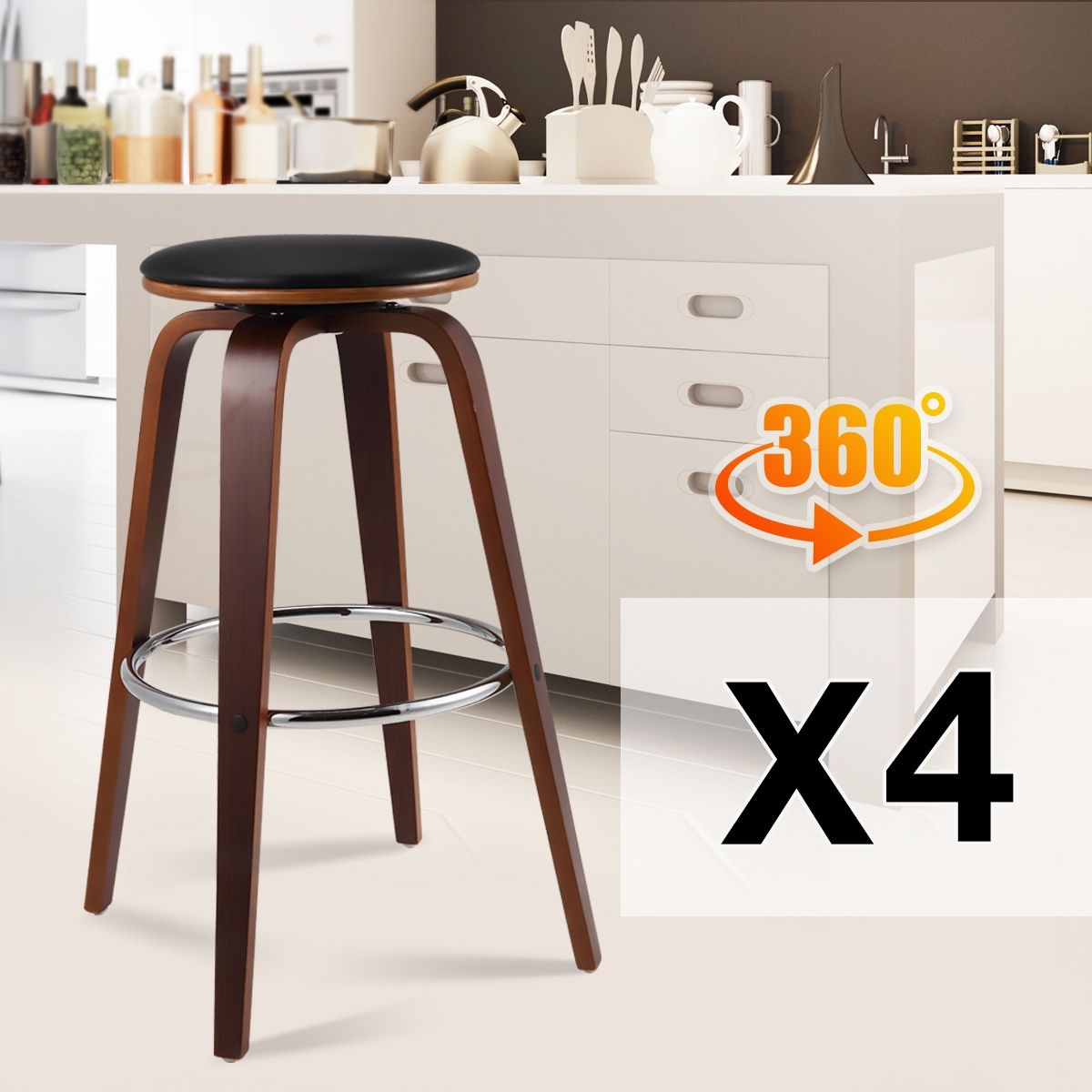 Set of 4 Walnut Veneer Bar StoolsBlack