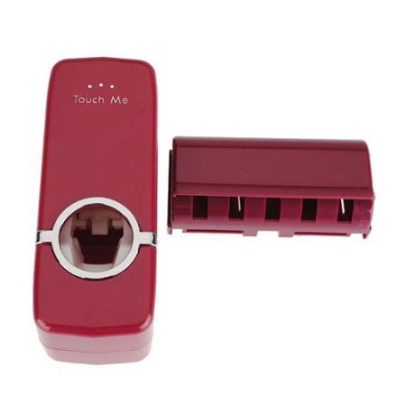Automatic Auto Toothpaste Dispenser and 5 Toothbrush Holder Set Red