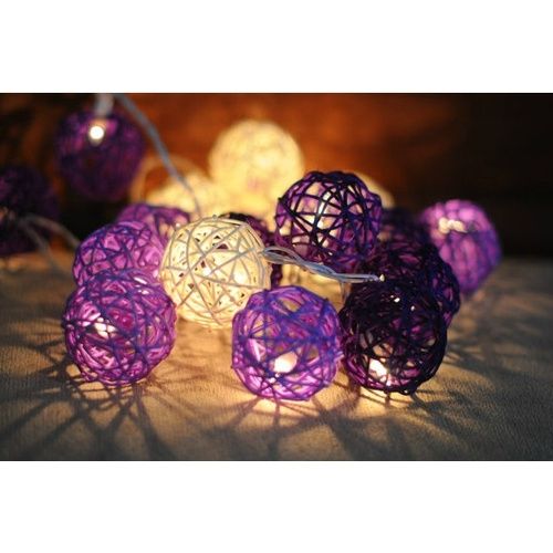 20 LED Purple and White RATTAN BALL FAIRY STRING LIGHTS PARTY WEDDING Home Christmas DECOR