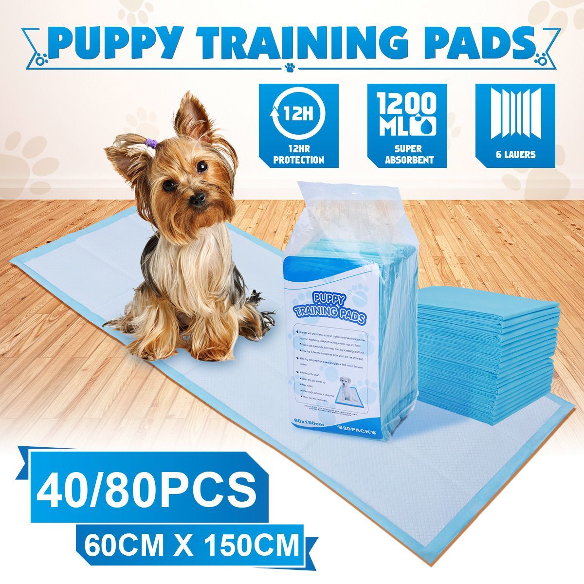 40 or 80 Pack of Training Pads (60x150cm) for Puppies & Indoor Dogs